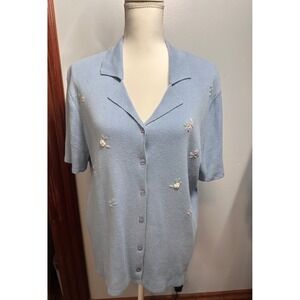 Koret Woman Light Blue Floral Embroidered Short Sleeve Knit Cardigan Top 1X